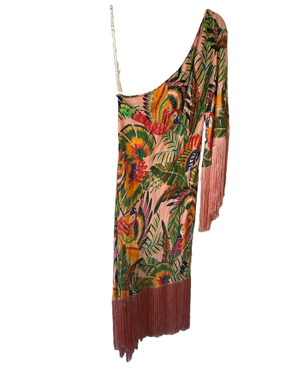 FARM Rio Macaw Leaves One Shoulder Fringe Midi Dress XL Parrot Tropical Rare - Picture 11 of 15